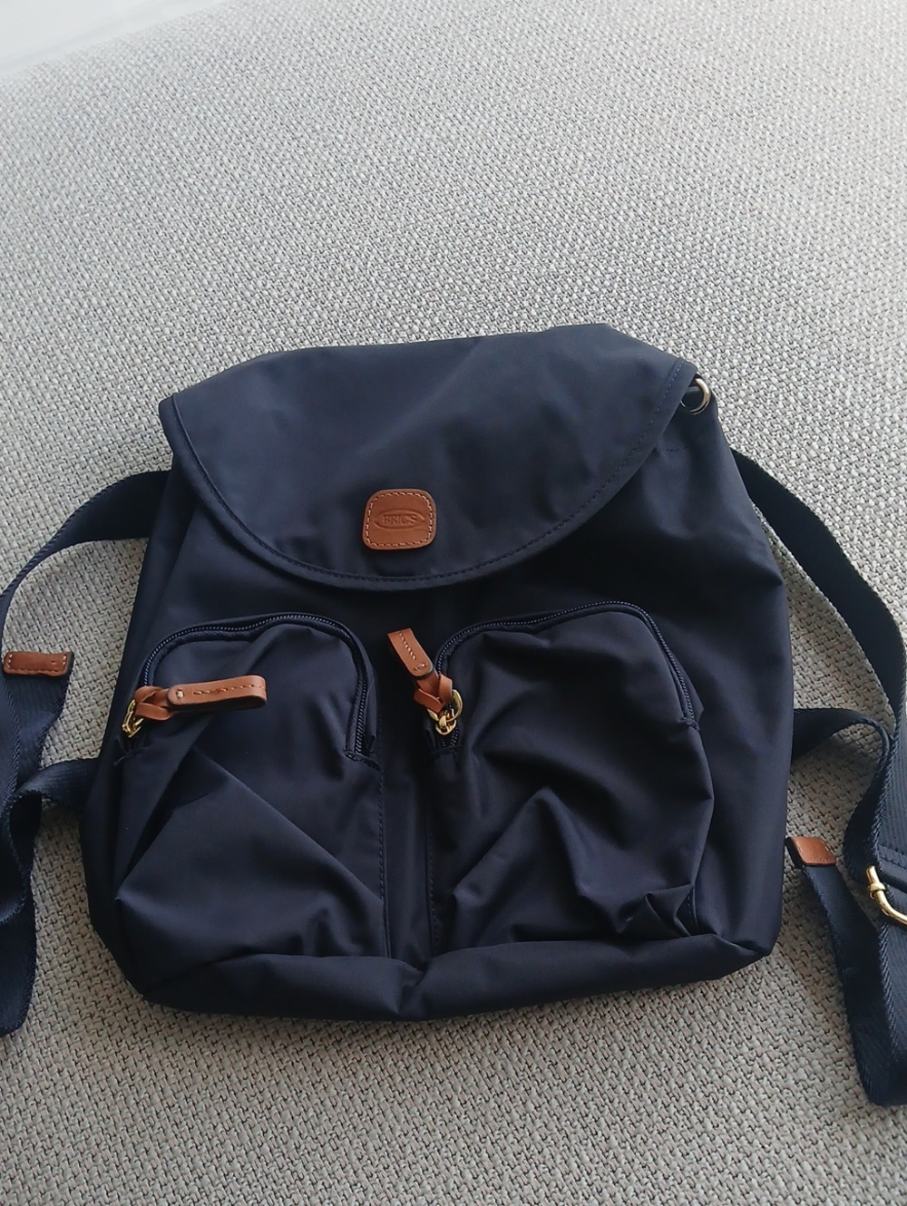 Brics Navy Nylon Backpack with Brown Leather Trim .